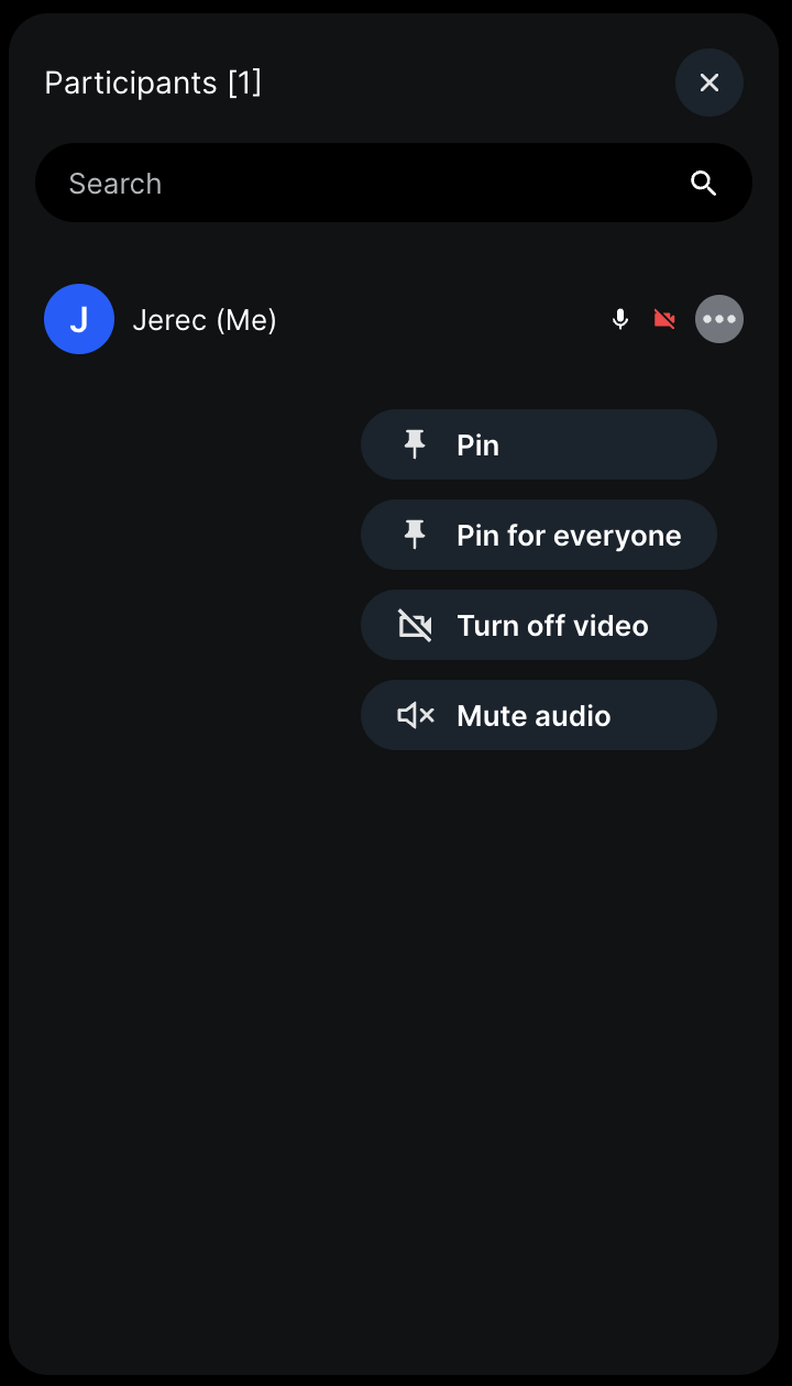 Default UI of call participant list with user actions menu