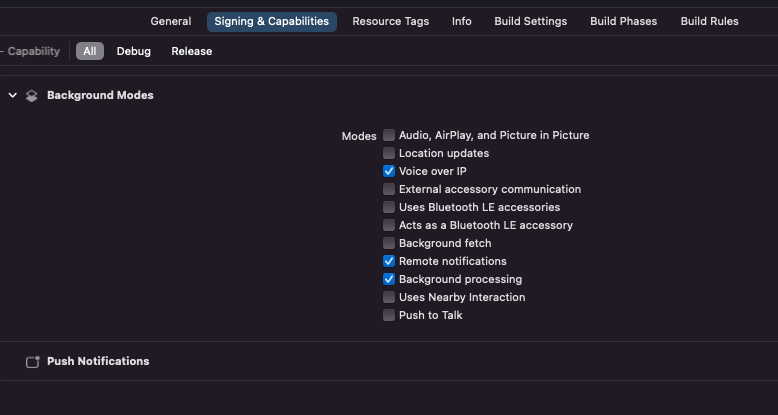 Screenshot shows the required background modes in Xcode
