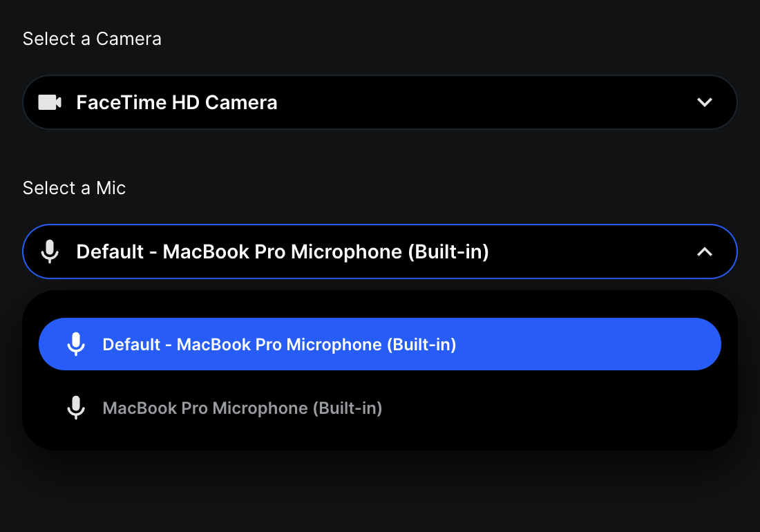 Default device settings panel