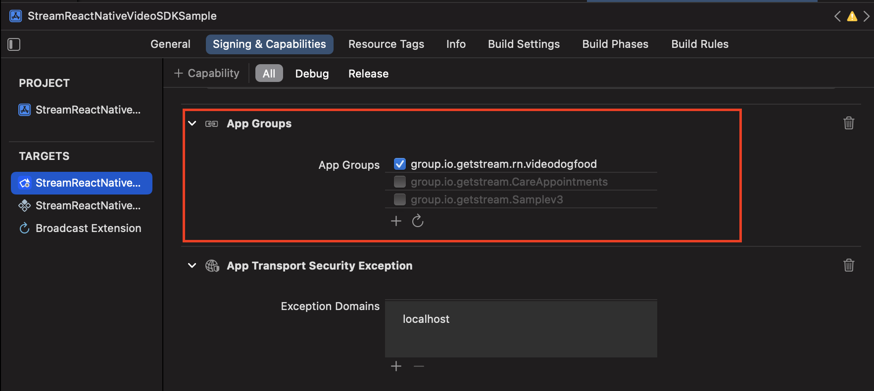 Preview of adding App Groups Capability
